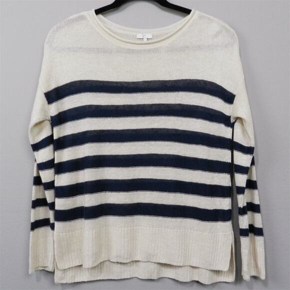 Joie Linen Pullover Fisherman Sweater Size L Navy Blue Ivory Striped Knit - Picture 2 of 10
